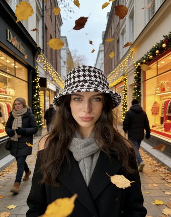 秋冬欧美时尚千鸟格渔夫帽女圆顶可调节羊绒妮子盘帽