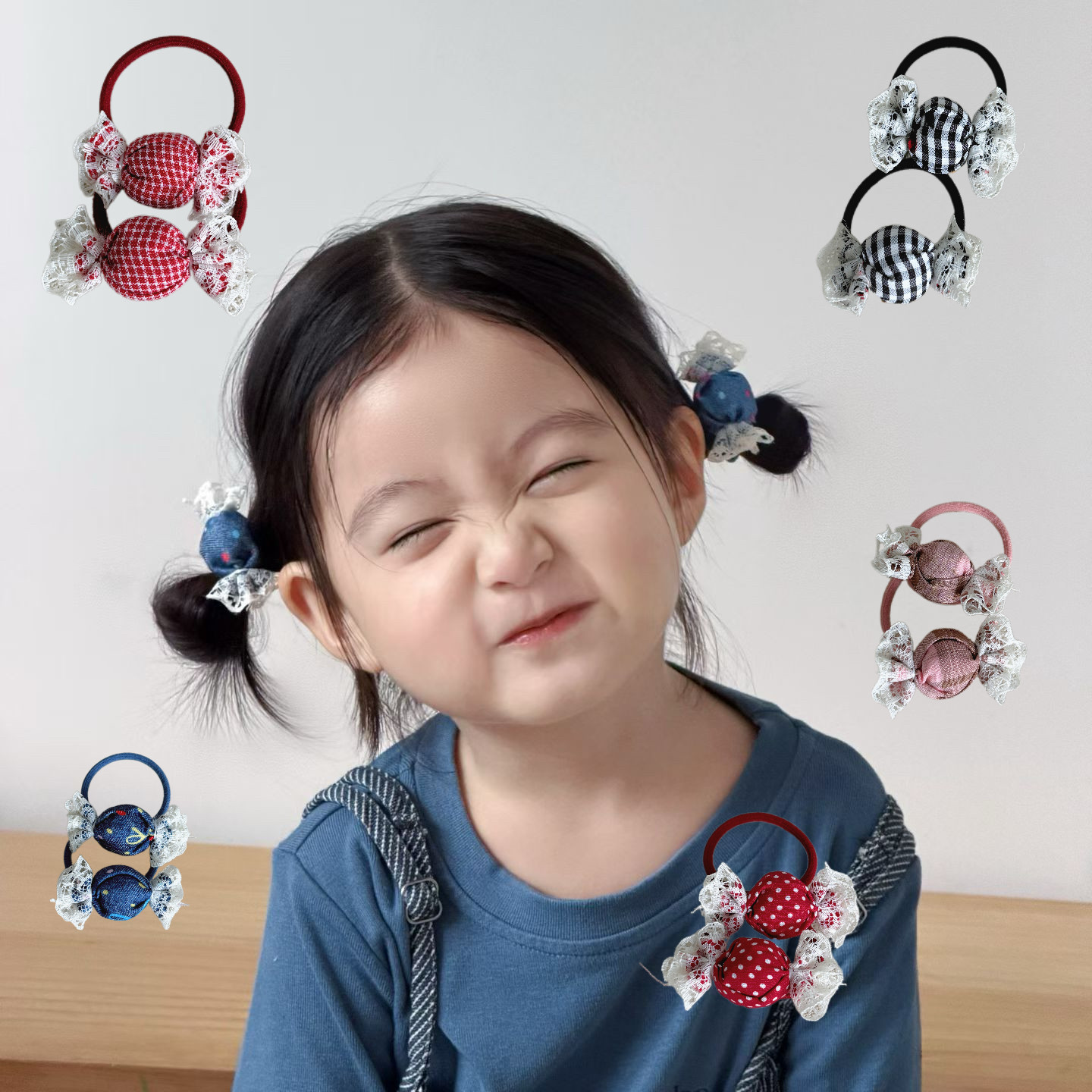 韩系女童布艺糖果球球发绳蕾丝花边双马尾皮筋宝宝不伤发格子波点