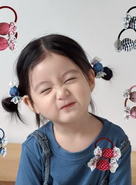 韩系女童布艺糖果球球发绳蕾丝花边双马尾皮筋宝宝不伤发格子波点