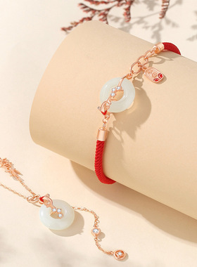 原创新国潮平安扣红绳手绳天然和田玉本命年925纯银手链锦鲤手饰