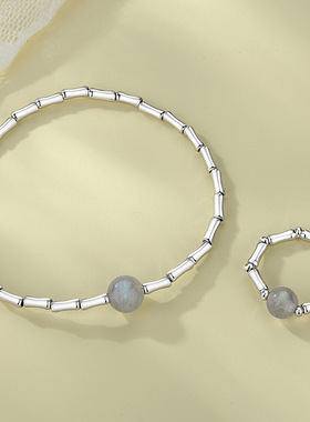 竹节月光石戒指s925纯银新中式小众设计指环叠带串珠竹节手链ins