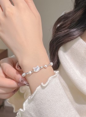 925纯银猫咪珍珠手链女韩版ins风可爱简约碎银几两手串白贝母手饰