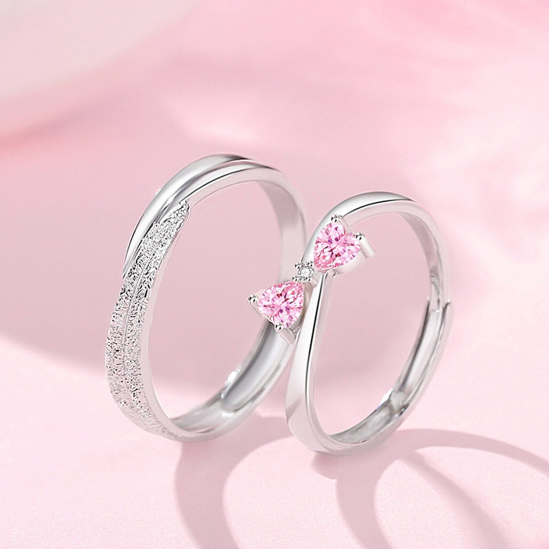 原创牵绊一生情侣对戒纯银微镶爱心粉色锆石戒指ins简约磨砂指环