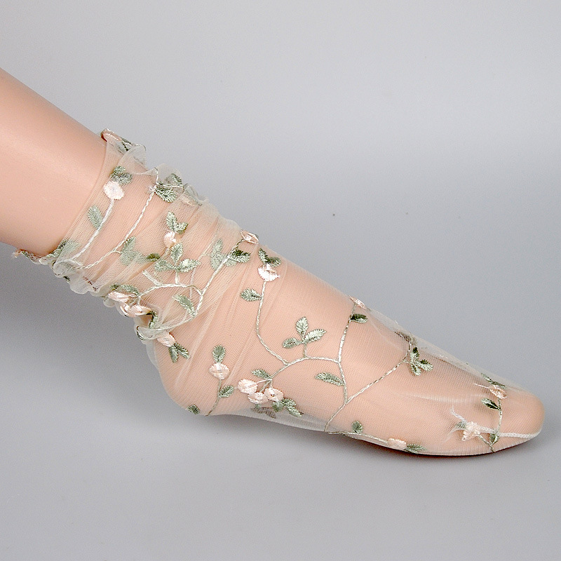 超薄网纱短袜刺绣水晶丝袜直筒堆堆袜透明女袜绣花袜子网眼袜子夏