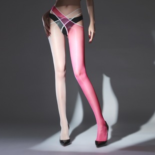 可替换袜腿交叉腰带极光丝袜女超薄镂空拼色连裤 袜黑白撞色油光袜