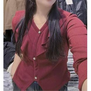 下摆开叉长袖 春装 显瘦荷叶边弹性套头T恤大码 V领打底衫 上衣潮 修身
