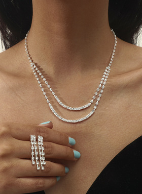 欧美跨境 时尚婚纱礼服配饰 闪亮镶钻项链耳环套装 新娘首饰饰品