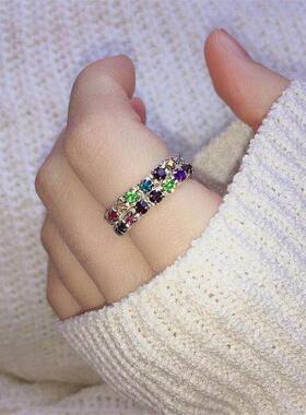 韩版弹力水钻戒指2排全铜时尚女