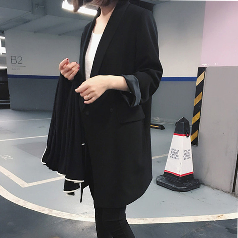 春秋女装长袖新款韩版休闲西装外套女中长款宽松小西装上衣黑色