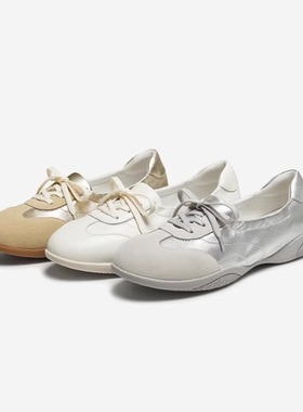专柜正品百思图2025秋新款女鞋银色芭蕾德训鞋运动休闲鞋UTE11CA5