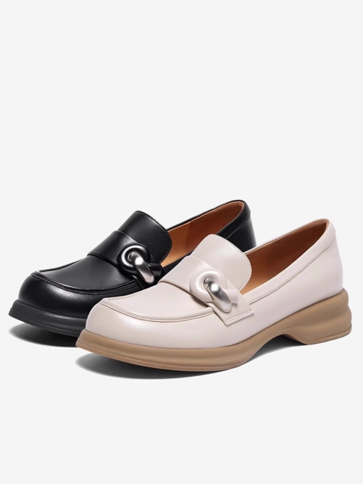 专柜正品百思图2024春女鞋通勤一脚蹬乐福鞋圆头粗跟单鞋a2073aa4