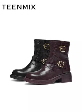 专柜正品天美意2024冬新款女复古西部靴厚底骑士靴时装靴KXZ01DZ4