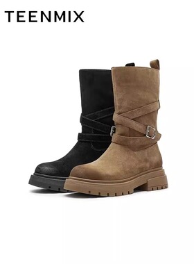 专柜正品天美意2024冬款女复古厚底骑士靴堆堆靴休闲短靴KXZ05DZ4