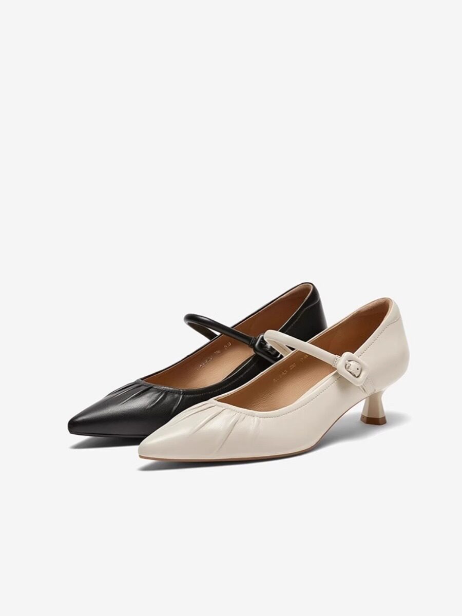 专柜正品百思图2024春款女鞋褶皱软羊皮玛丽珍鞋细跟单鞋ru843aq4