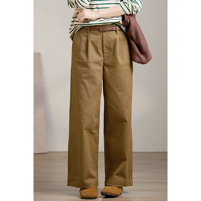 谷家 高密斜纹棉文艺百搭舒适弹力休闲裤女 新款高腰显瘦直筒长裤