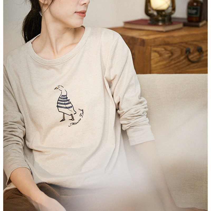 谷家 天然彩棉涂鸦印花文艺百搭长袖T恤 宽松柔软全棉打底上衣女