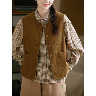 上衣 单排扣无袖 文艺复古气质灯芯绒马甲外套 春季 谷家 新款 经典