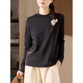 谷家 上衣 黑白色叠穿打底衫 100%棉半高领超显瘦长袖 T恤女春秋新款