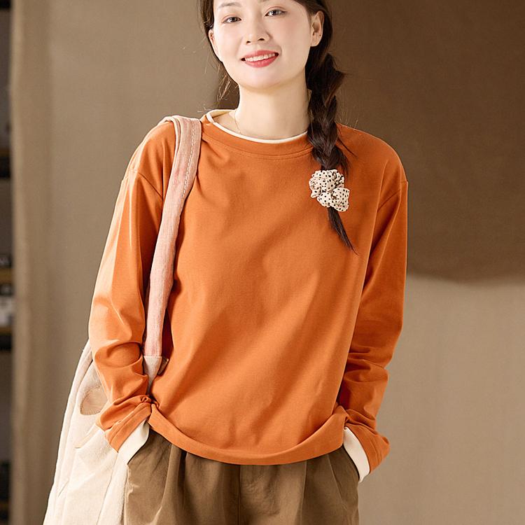 谷家 原创文艺撞色领长袖T恤女 2025秋季新款棉柔软宽松打底上衣