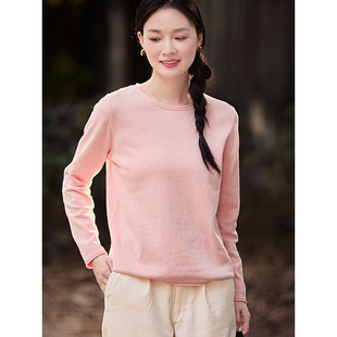 谷家 100%棉柔软舒适卷边圆领针织衫 文艺百搭打底衫显瘦毛衣女