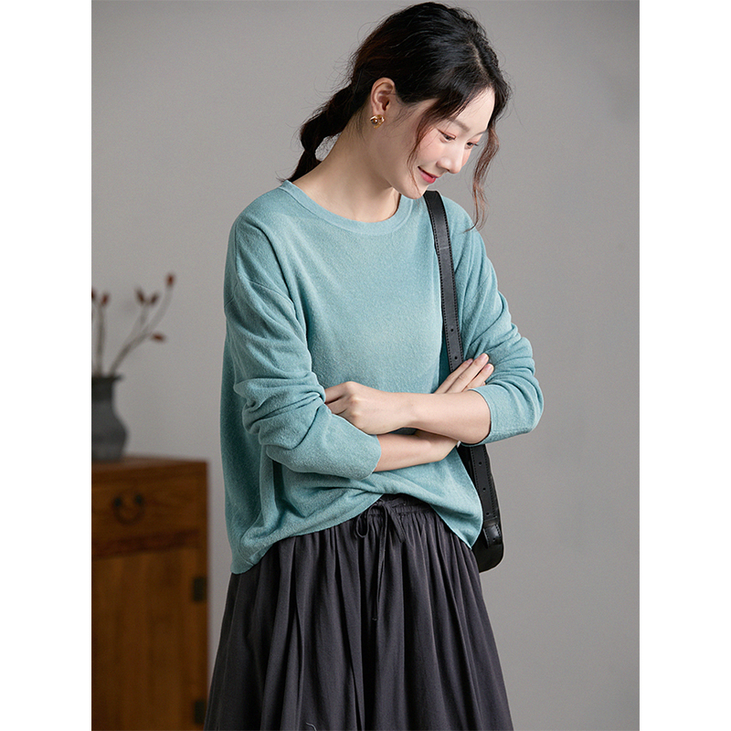 谷家 亚麻棉气质百搭圆领针织衫 宽松慵懒小个子短款打底外穿T恤