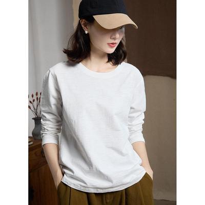 谷家 文艺百搭竹节棉长袖T恤 简约气质好搭配圆领长袖 品质上衣女