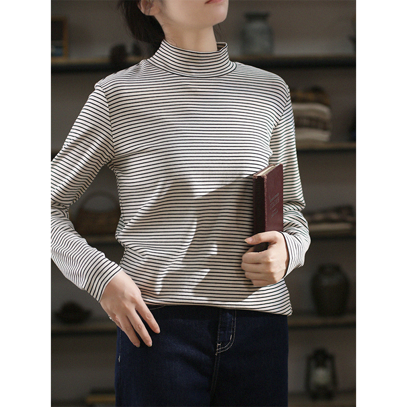 长袖百搭厚条纹棉女保暖