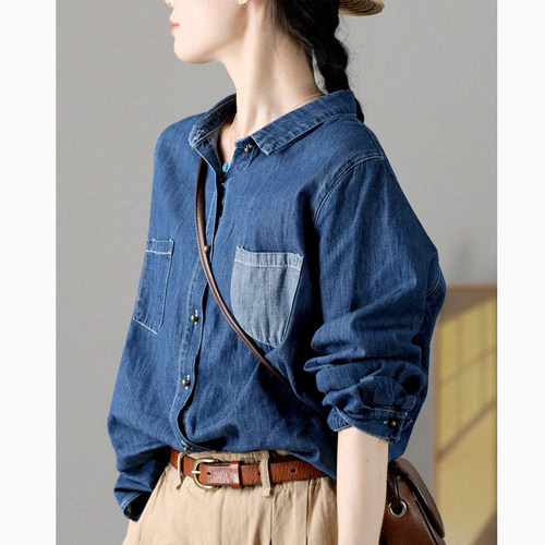 长袖棉牛仔衬衫谷家撞色口袋文艺