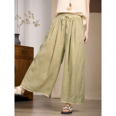 谷家 100支细苎麻清薄透气阔腿直筒裤子 松紧腰飘逸双层裙裤夏新