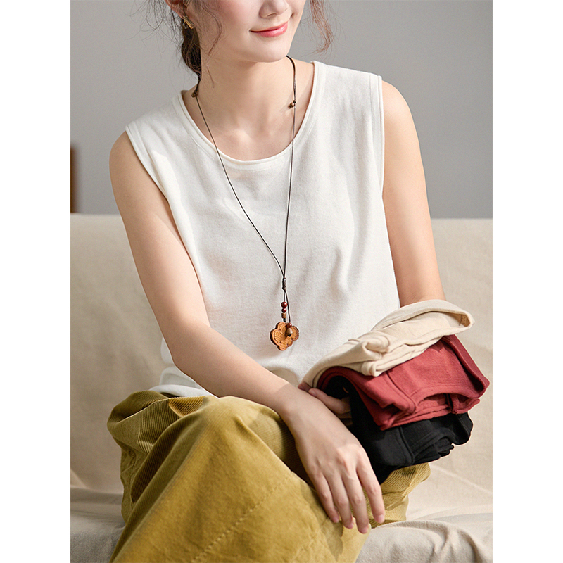 谷家 100%棉文艺百搭全棉吊带背心 慵懒显瘦卷边圆领无袖针织上衣