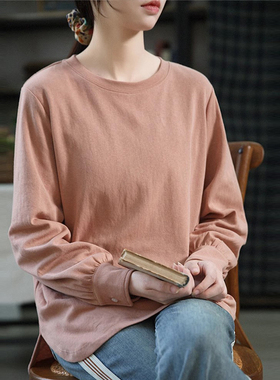 谷家 文艺百搭中长款圆领长袖T恤女 强捻棉打底衫上衣 2026新款