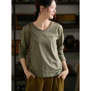 上衣女 原创文艺刺绣全棉长袖 谷家 100棉柔软舒适花纱V领显瘦T恤