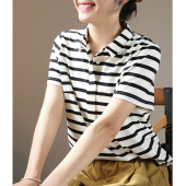 Polo领条纹上衣女2026春夏新款 T恤衫 文艺简约棉质弹力短袖 谷家