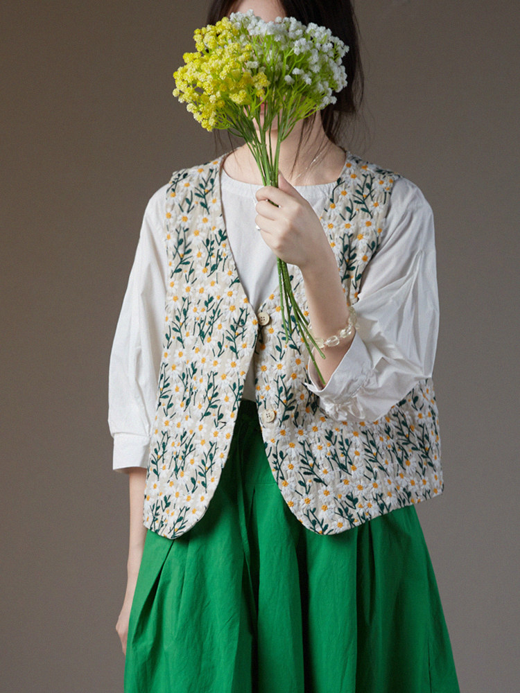 谷家 雏菊刺绣重工棉麻马甲 文艺复古背心外套女 碎花无袖 春秋