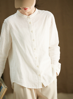 谷家 小立领双层棉纱长袖衬衫 柔软百搭通勤排扣全棉女式打底上衣
