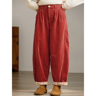 子女 松紧腰小众文艺撞色宽松阔腿裤 谷家 舒适棉质灯芯绒翻边长裤