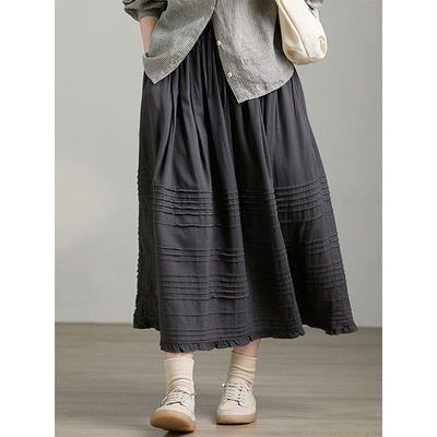谷家 羊毛&棉重工荷叶边大摆裙 气质百搭松紧腰A字双层半身长裙子