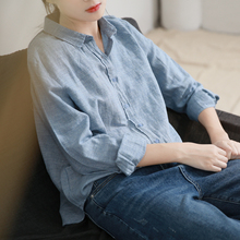 春秋款 衬衣女外套 宽松亚麻长袖 棉麻上衣格子衬衫 谷家 女复古港味