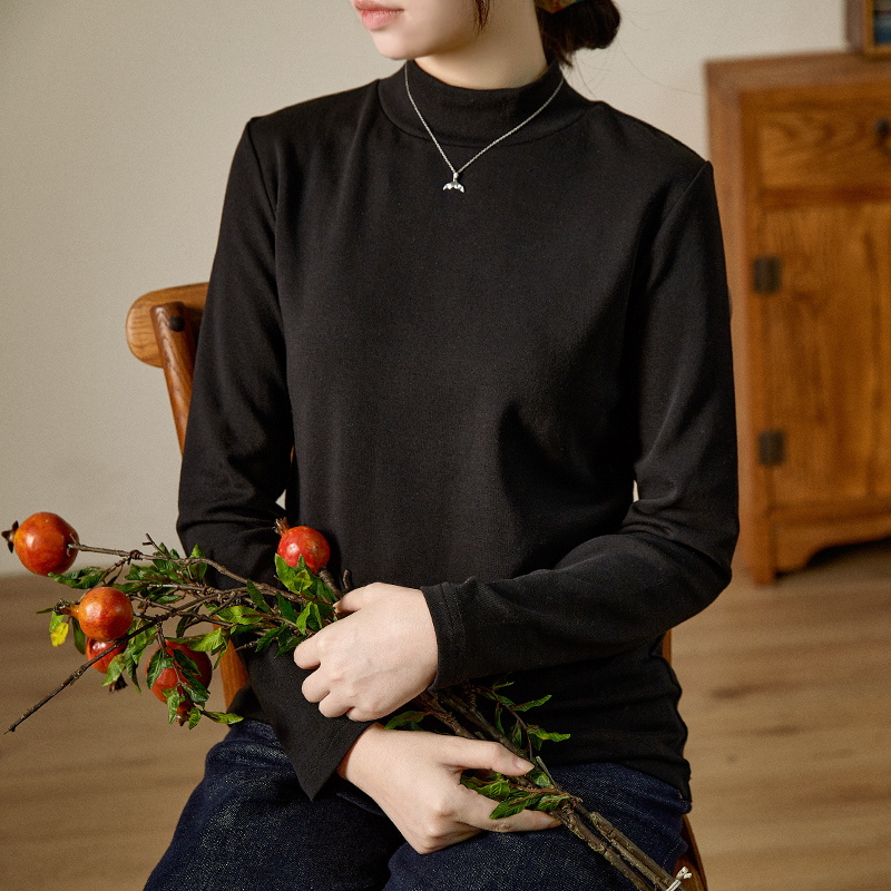 谷家 简约气质黑色半高领百搭打底衫  修身显瘦长袖T恤上衣女新款