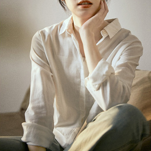 上衣纯棉长袖 谷家 宽松棉麻风格 女春秋 衬衣 柔软舒适全棉白色衬衫