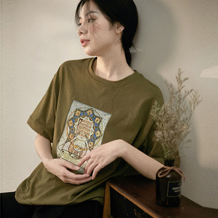 全棉宽松短袖 春夏季 谷家 印花T恤女 上衣 新款 圆领文艺休闲女装