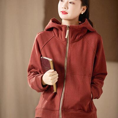 谷家 原创设计连帽卫衣女 春季新款宽松休闲纯棉舒适休闲短外套