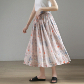 2026新款 谷家 大摆裙 浪漫轻盈花色薄款 文艺碎花半身裙 高支细麻