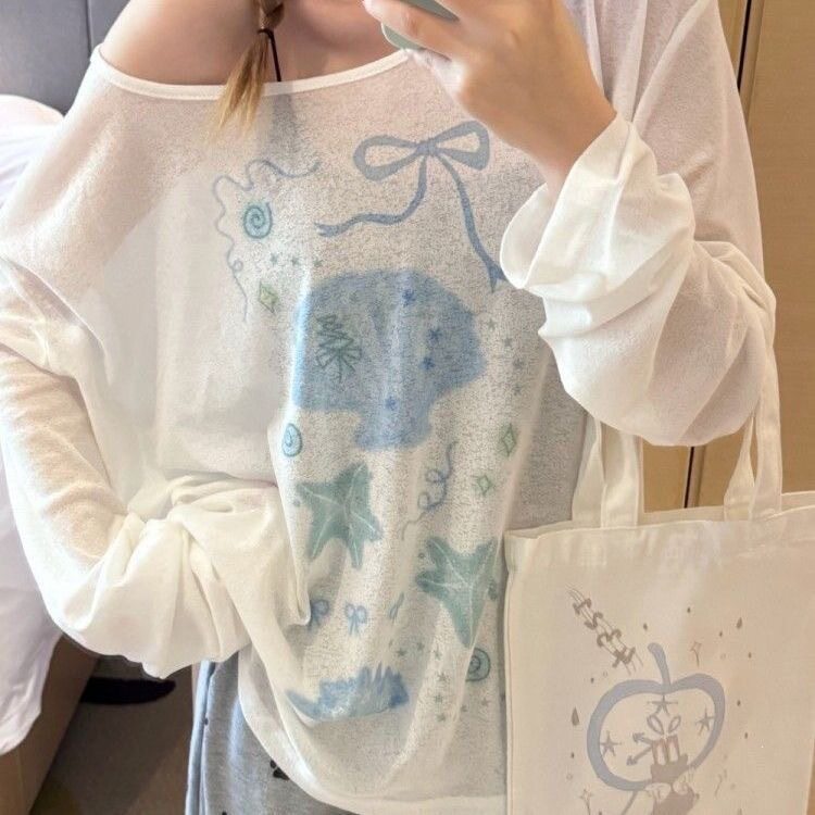 竹节罗纹  成品现货  印花斜肩长袖T恤女薄款防晒罩衫慵懒风上衣