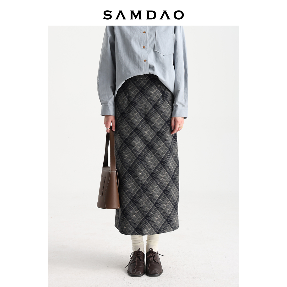 清仓特价 SAMDAO鹦鹉梨推荐-毛呢厚款松紧腰复古格子直筒长裙子