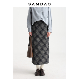 SAMDAO-秋冬毛呢厚款松紧腰复古蓝灰格子后开叉一步直筒长裙子