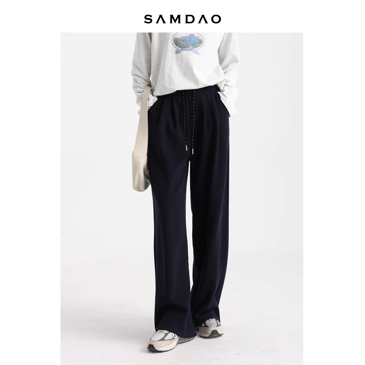 SAMDAO-秋冬系带加绒厚款松紧腰梨形运动裤显瘦阔腿裤卫裤女长裤