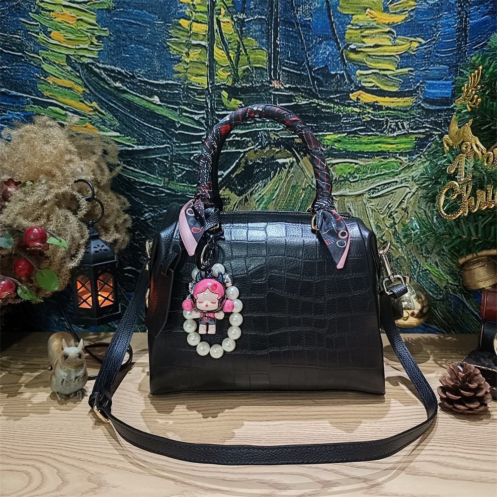 千元高货头层牛皮鳄鱼荔枝纹拼接手提包单肩鳄鱼软皮波士顿斜挎包