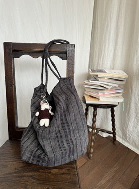 OneBlueNook  | 亚麻黑灰杂色条纹 细肩带布袋