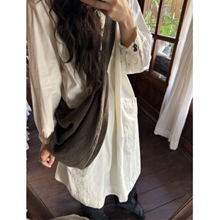 斜挎布袋 日系简约休闲大饺子 OneBlueNook 亚麻色织复古棕绿色